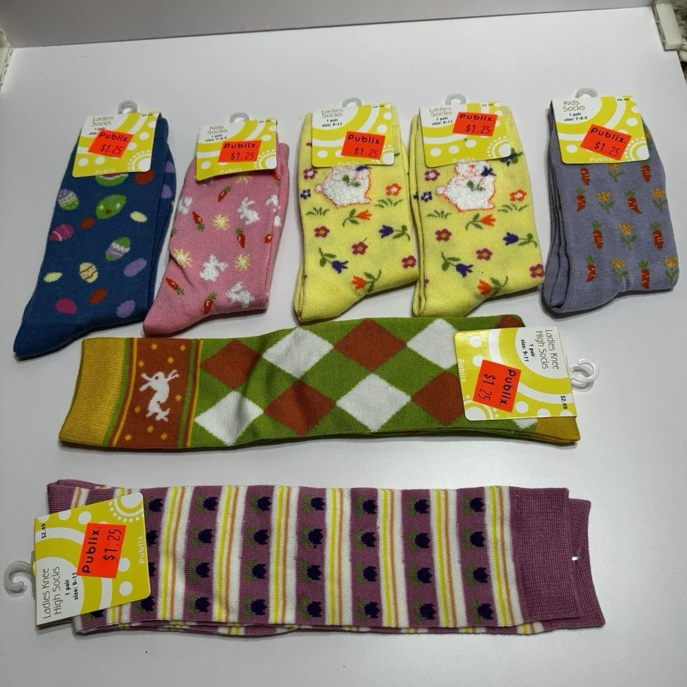 Lot 7 Easter Novelty Chick Print Crew Long Socks Various Sz 7-11 Egg Fun